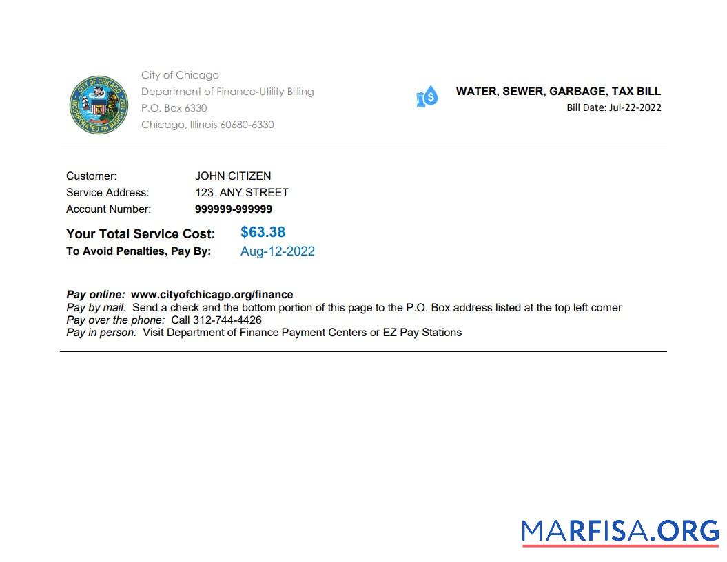 Downloadable USA Illinois Chicago water, sewer, garbage, tax bill Word and PDF template